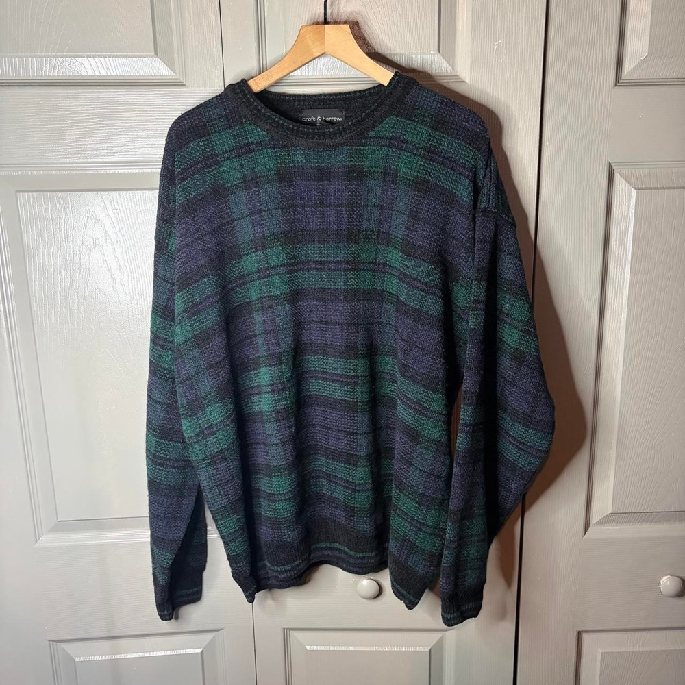 Croft & Barrow Mens Vintage Plaid Sweater Crew Neck Knit Pullover Green Blue XL